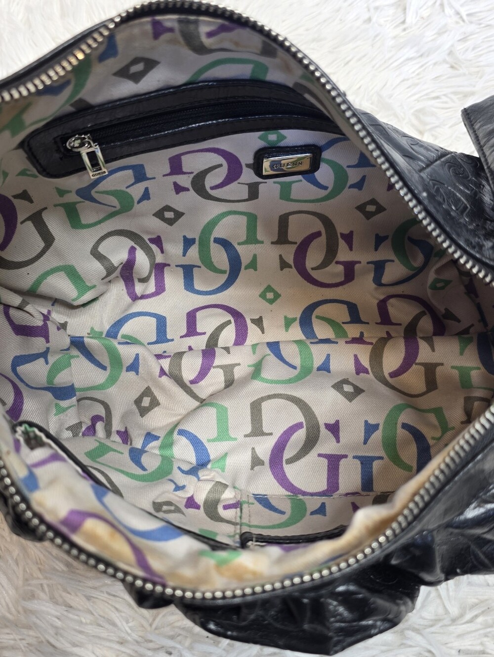 GUESS Black Monogram Embossed Hobo Shoulder Bag - Silver GG Hardware - Picture 7 of 9